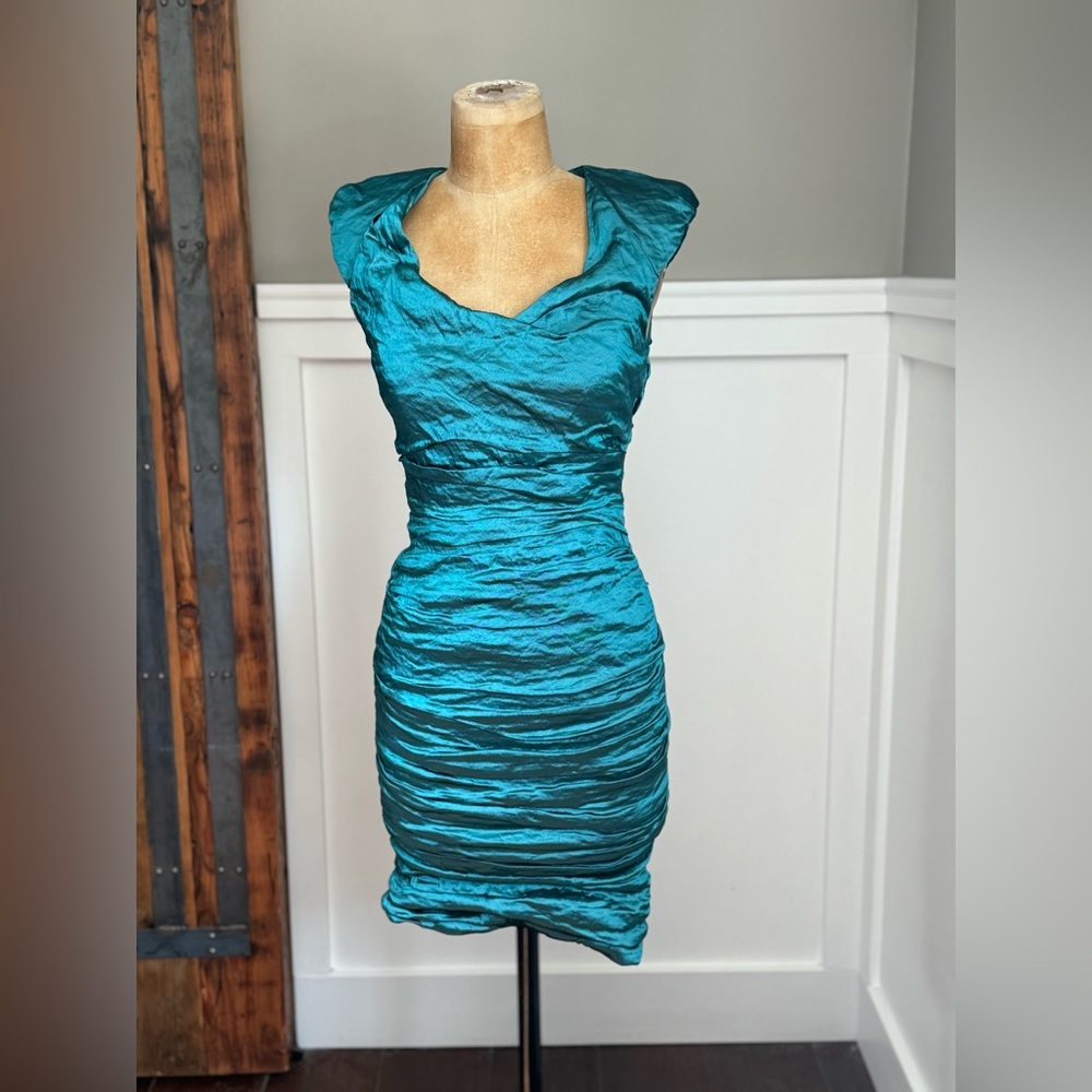 SOLD Nicole Miller Womens Aqua Blue Ruched V-neck Zip Back Sleeveless Dress